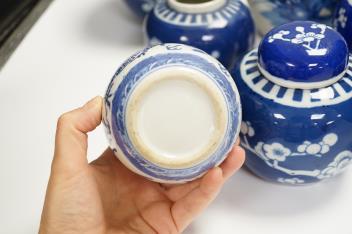 Eight Chinese blue and white ginger jars, four with lids, tallest 21cm